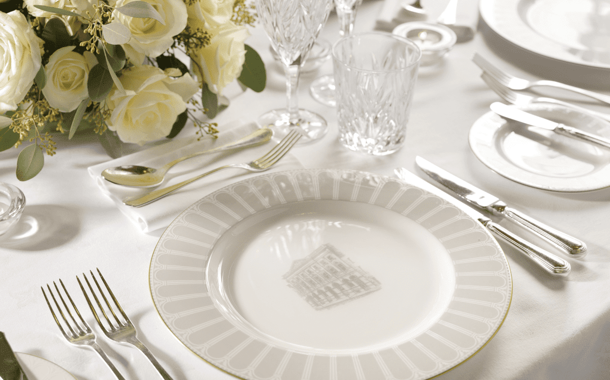 Wedding place setting in The Banking Hall