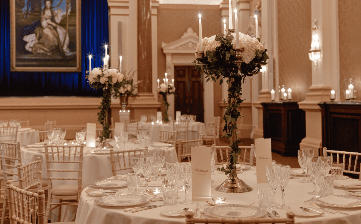 Wedding table setting in The Banking Hall