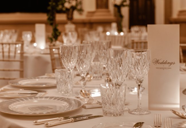 Wedding table setting the banking hall the college green hotel dublin The College Green Hotel