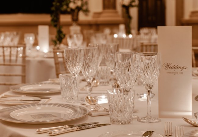 Wedding table setting the banking hall the college green hotel dublin The College Green Hotel